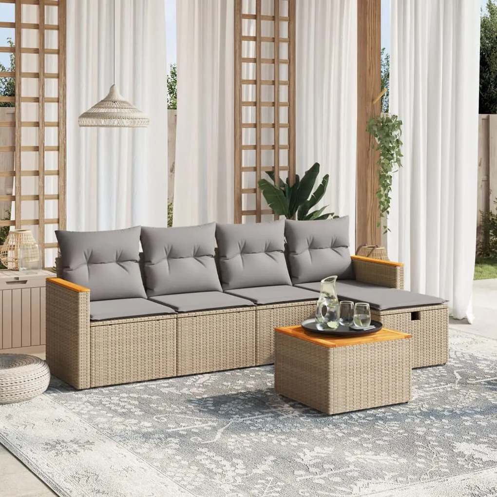 Set Divano da Giardino 6 pz con Cuscini Beige Misto Polyrattan