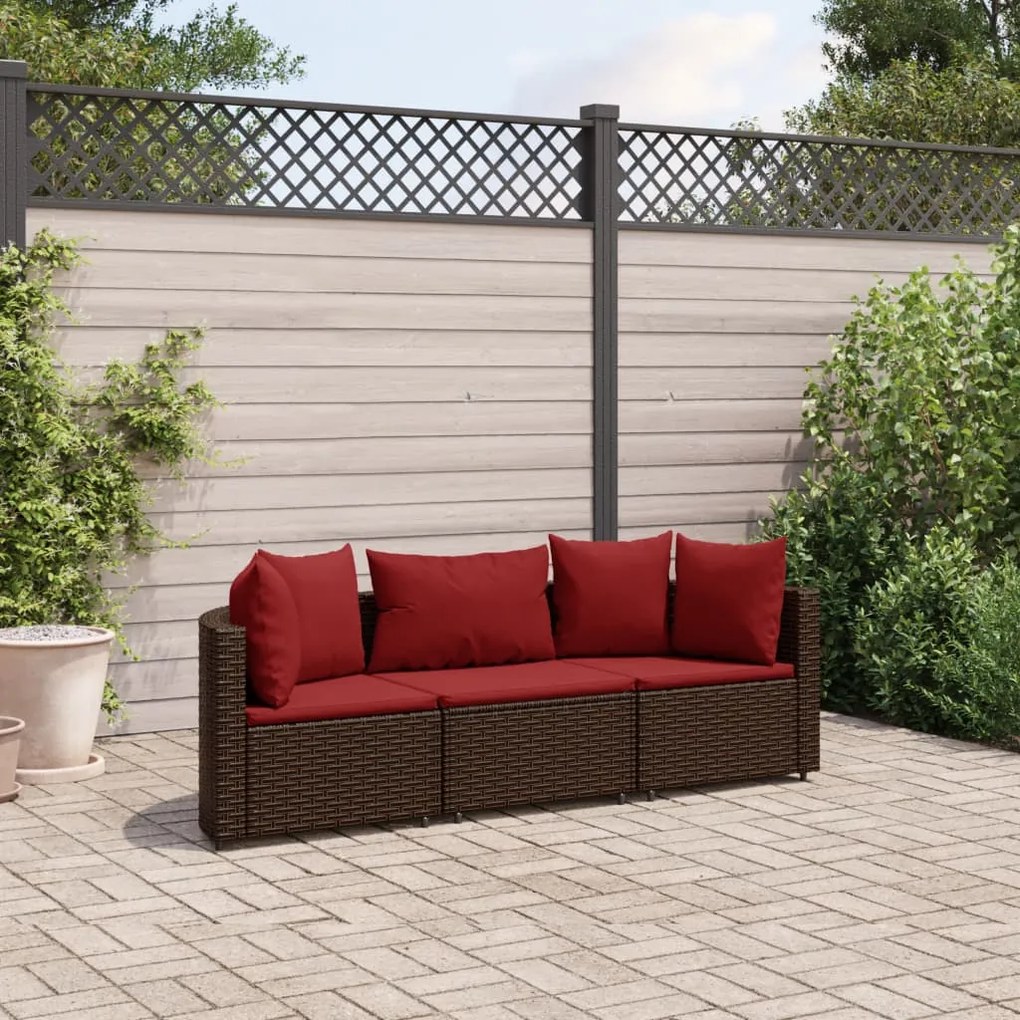 Set divano da giardino 3 pz con cuscini marrone in polyrattan