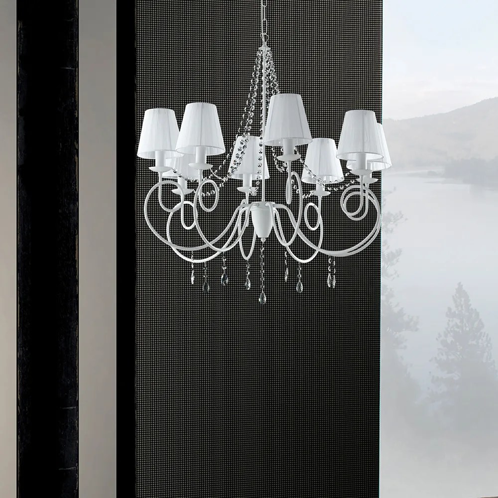 Lampadario Classico 8 Luci Ferro Bianco e Cristalli con Paralumi Serie Elegant