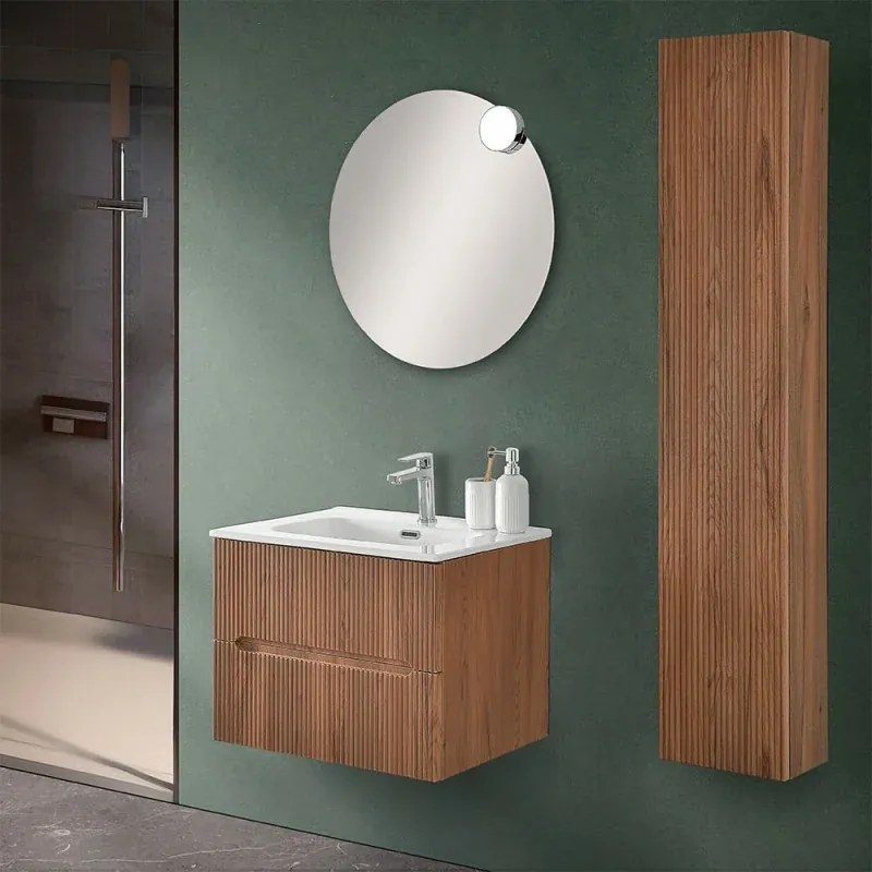 Mobile bagno sospeso cannettato 60 cm noce canaletto con lavabo Bali