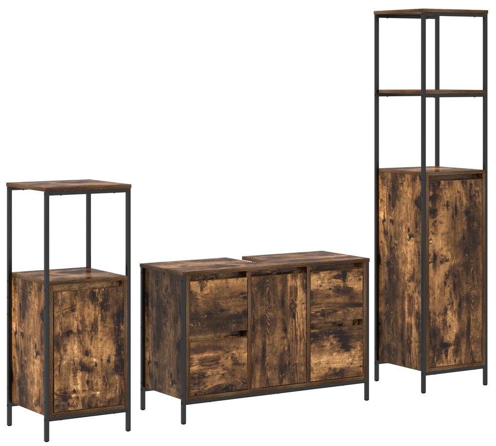 Set di mobili da bagno a 3 pezzi in legno ingegnerizzato rovere affumicato