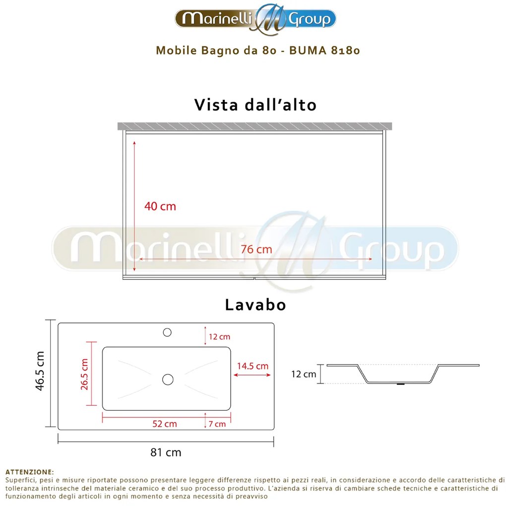 Mobile bagno BUMA80 Rovere Chiaro con lavabo e specchio - 8180