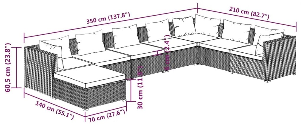 Set Divani da Giardino 8 pz con Cuscini in Polyrattan Marrone