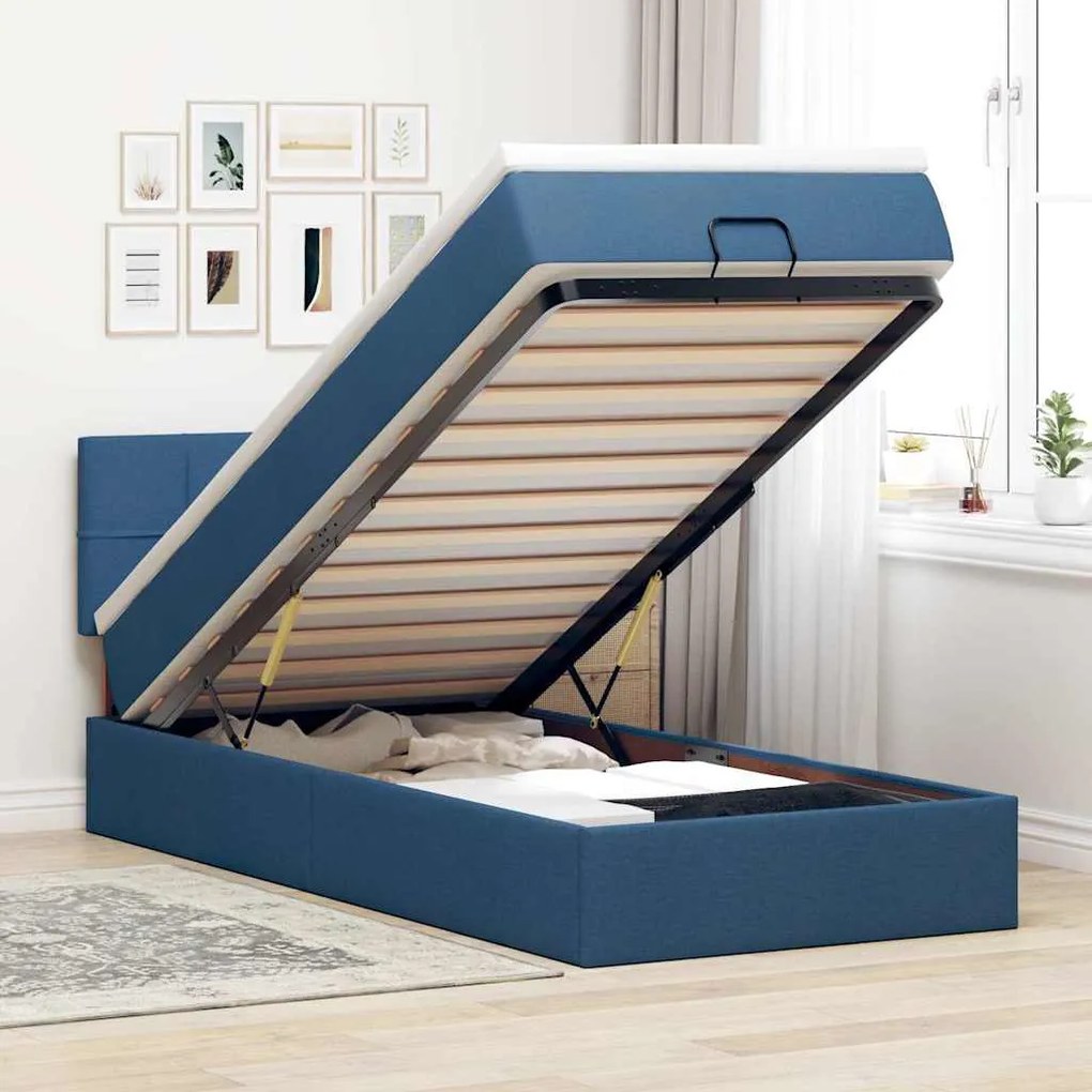 Struttura Letto Pouf Con Materasso Blu 90x190 Cm İn Tessuto /