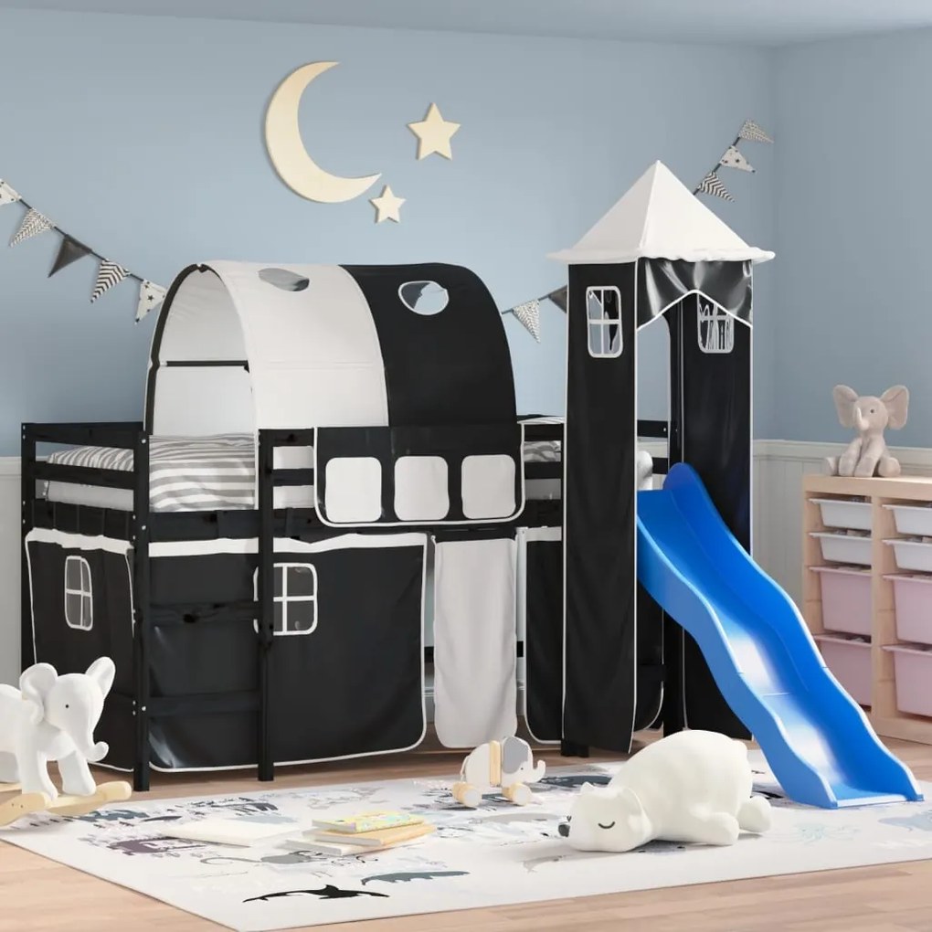 Letto a Soppalco con Torre Bambini Bianco e Nero 90x200cm Pino