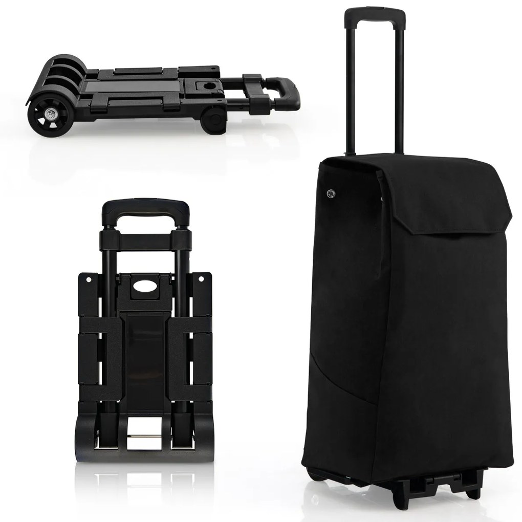 Costway Carrello pieghevole con borsa rimovibile, Carrello portatile della spesa con 2 ruote flessibili in ABS Nero