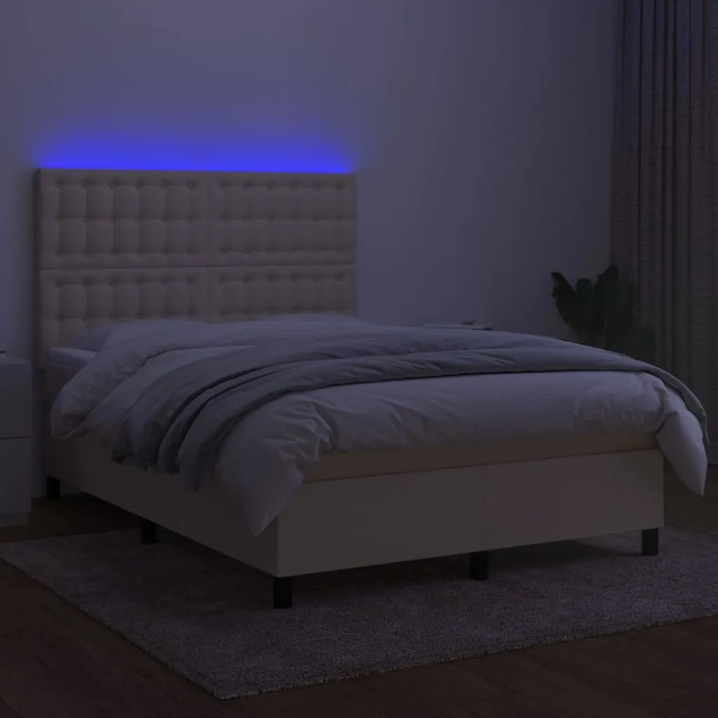 Letto a molle con materasso e led crema 140x190 cm in tessuto