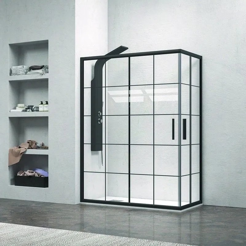 Kamalu - box doccia 130x70 cm nero opaco con vetro a quadrati neri nico-b1000