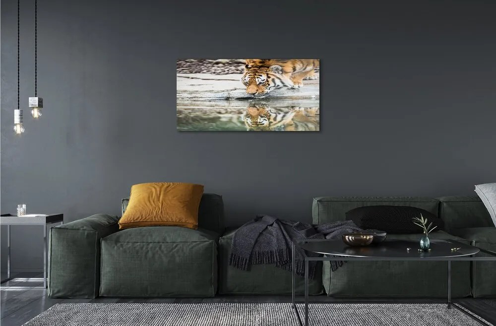 Quadro in vetro La tigre che beve 100x50 cm 2 appendini