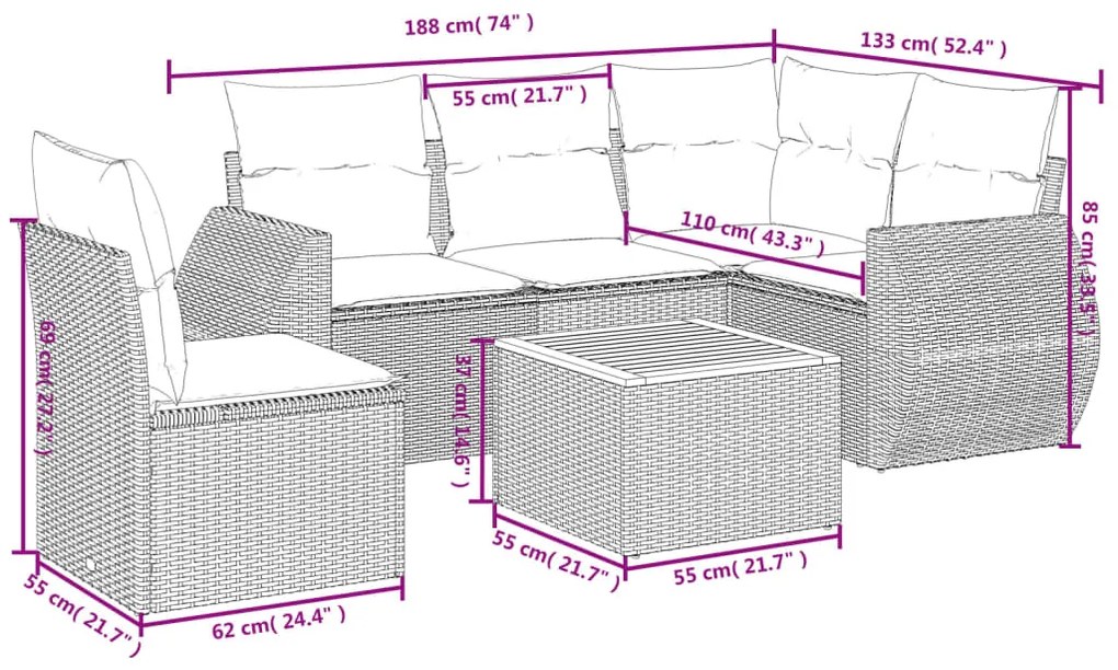 Set divano da giardino 6 pz con cuscini nero in polyrattan