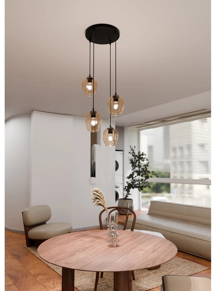 Lampadario 4 Luci Fuxi Base Tonda In Acciaio Nero E Vetri Ambra