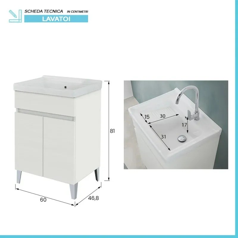 Mobile lavatoio 60x46,8 cm bianco frassinato con vasca in ceramica bianca