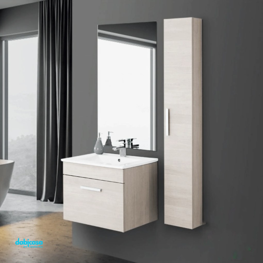 Mobile Bagno Sospeso "Show" Da 60 Cm Composto Da Un'Anta Lavabo E Specchio Finitura Rovere Chiaro