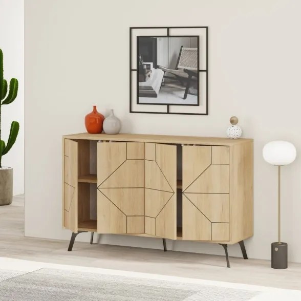 Madia Moderna 4 Ante 123 Cm Design Geometrico Piedi Metallici Dune Rovere