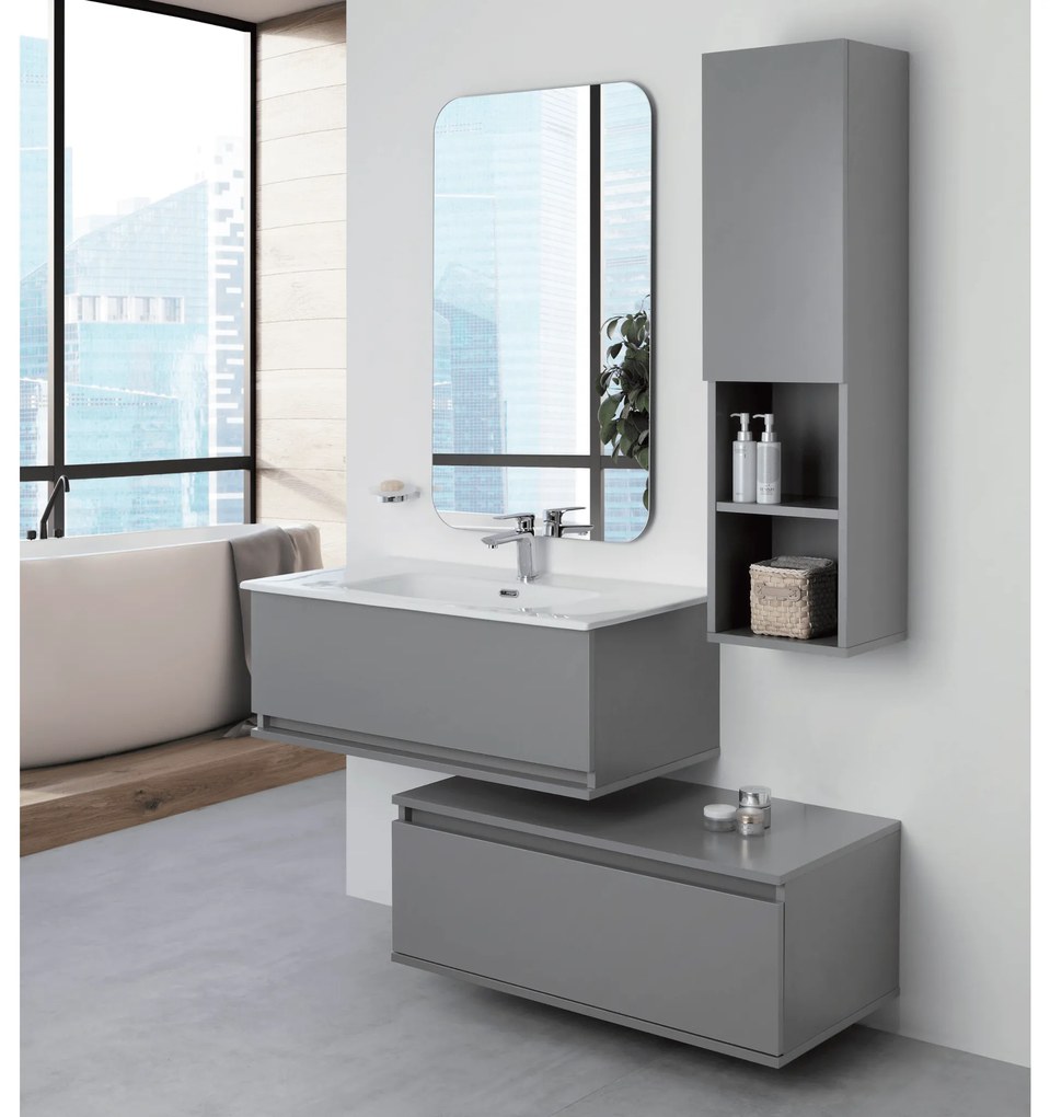 Mobile Bagno Sospeso Sfalsato 90 Cm Due Cassetti Specchio Su Telaio 60x100 Cm Feridras "Pastello" Grigio Medio
