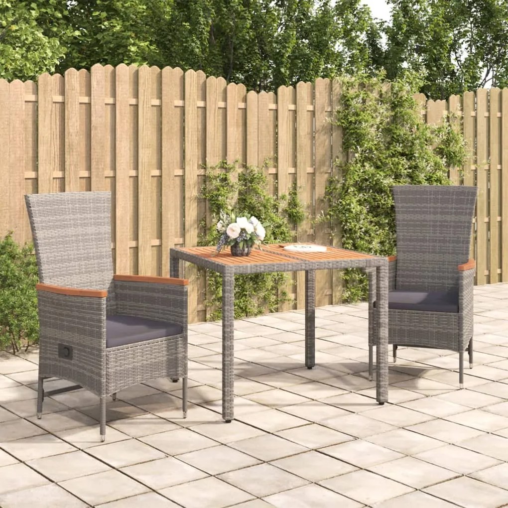 Set da pranzo da giardino 3 pz con cuscini in polyrattan grigio