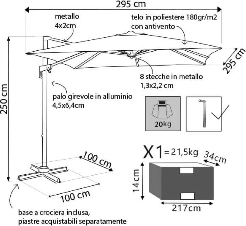 Ombrellone da Giardino Newton Decentrato 3x3 m in Alluminio Nero Telo Grigio...