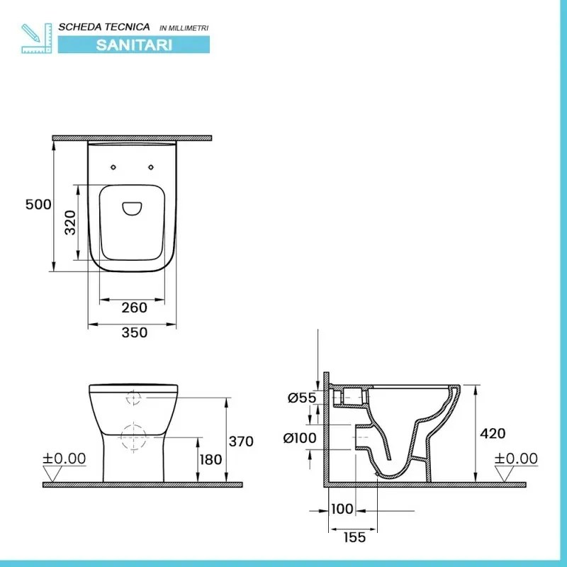 Wc filomuro bianco lucido senza brida con scarico multiplo Plana