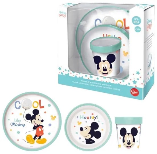 Trade Shop - Set Pappa Topolino Bicchiere Piatti Antiscivolo Azzurro Bambini Prima Pappa