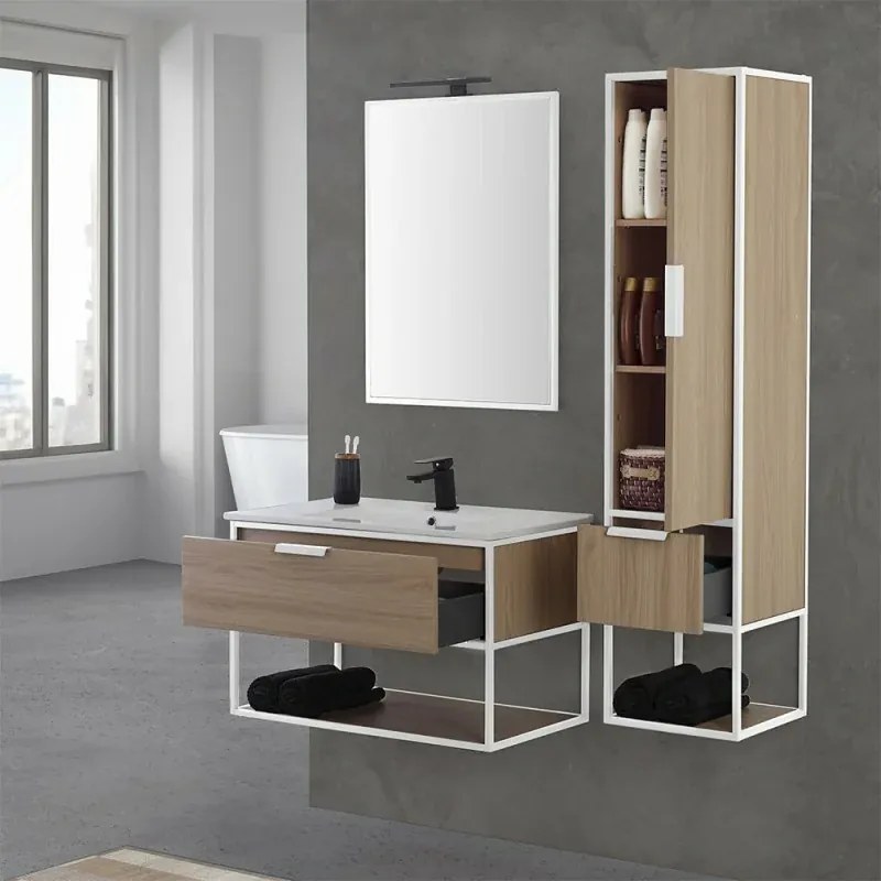 Mobile bagno sospeso 80 cm stile industrial bianco e legno Baketo