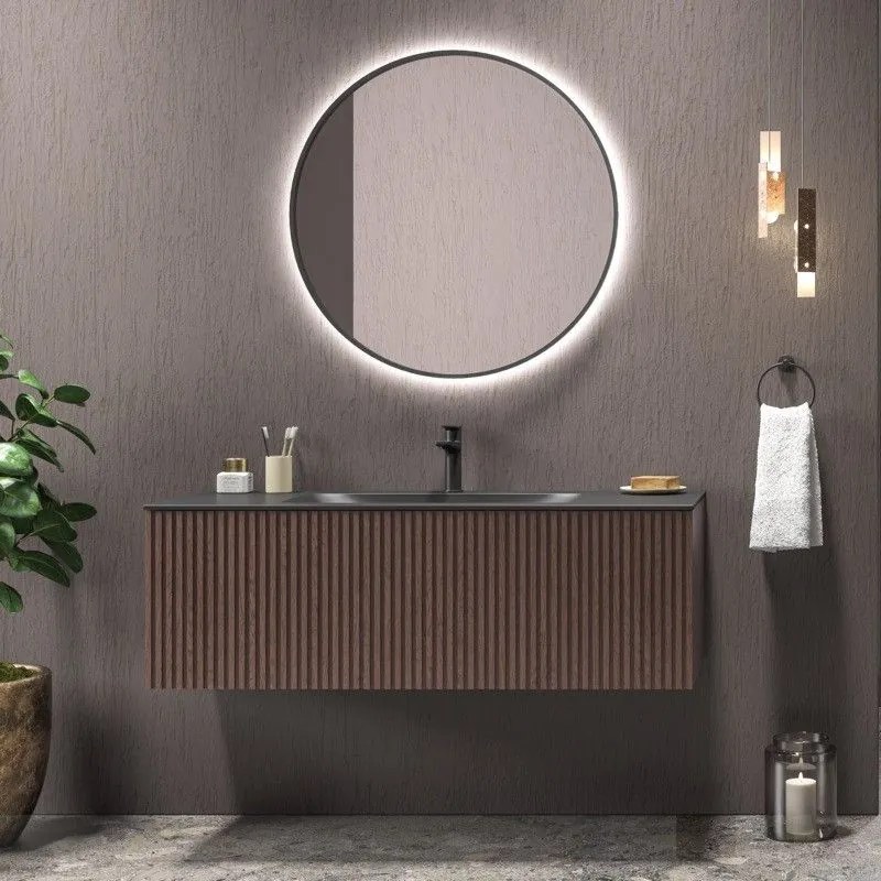 Kamalu - mobile bagno sospeso 120cm rovere effetto cannettato con lavabo nero kds-120l