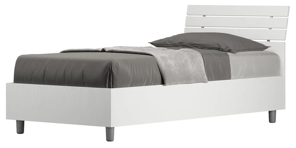 Letto Singolo 80x200 Ankel con Testata Inclinata e Contenitore, Bianco Frassino / Contenitore