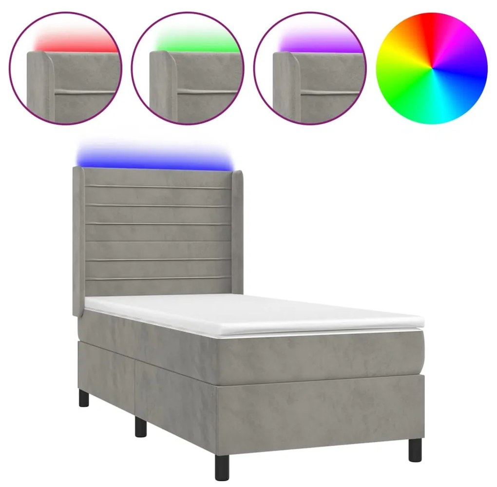 Letto a molle materasso e led grigio chiaro 90x200 cm velluto