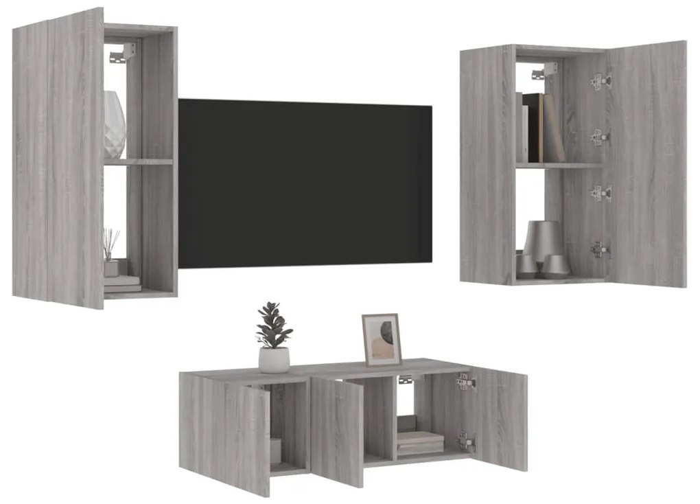 Mobili Tv A Muro Con Led 4pz Grigio Sonoma İn Legno Multistrato /