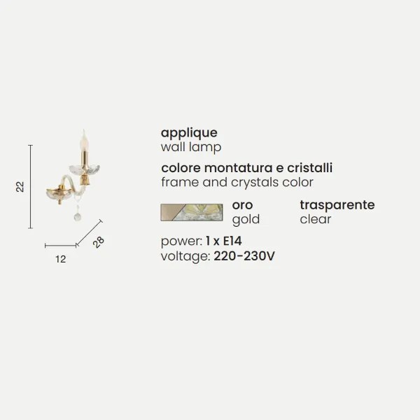 Applique ROXANNE in vetro soffiato 12x28 cm 1 Luce Oro