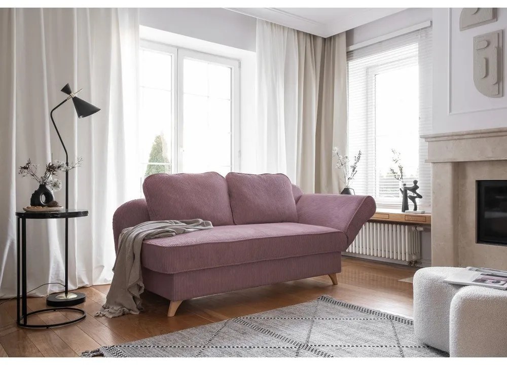 Chaise longue rosa polveroso (con penisola a destra) con rivestimento in velluto a coste Chic Charlotte – Miuform