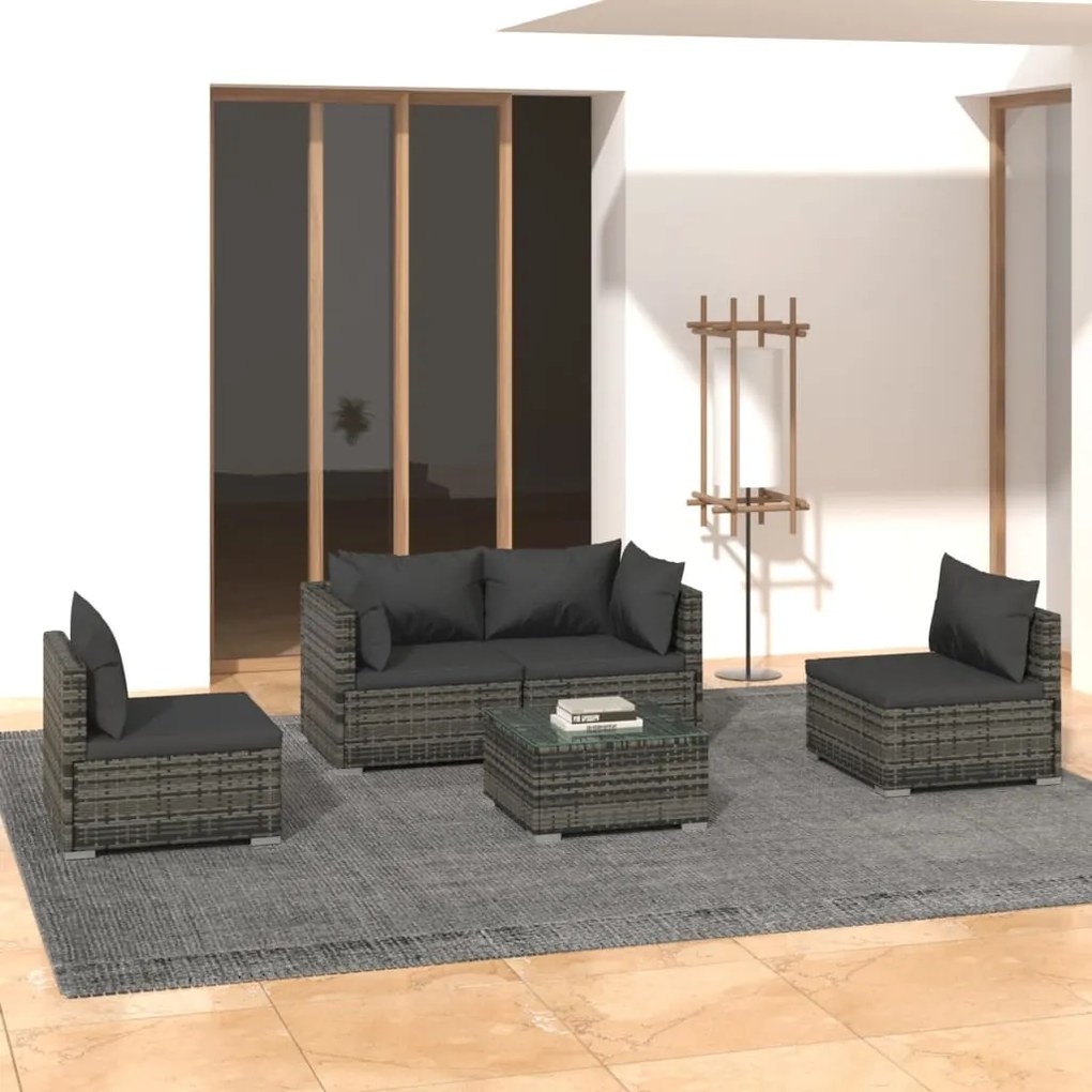 Set divani da giardino 5 pz con cuscini in polyrattan grigio