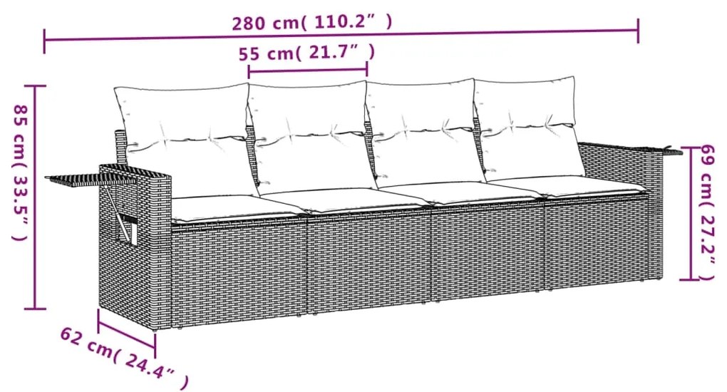 Set divani da giardino 4 pz con cuscini nero in polyrattan