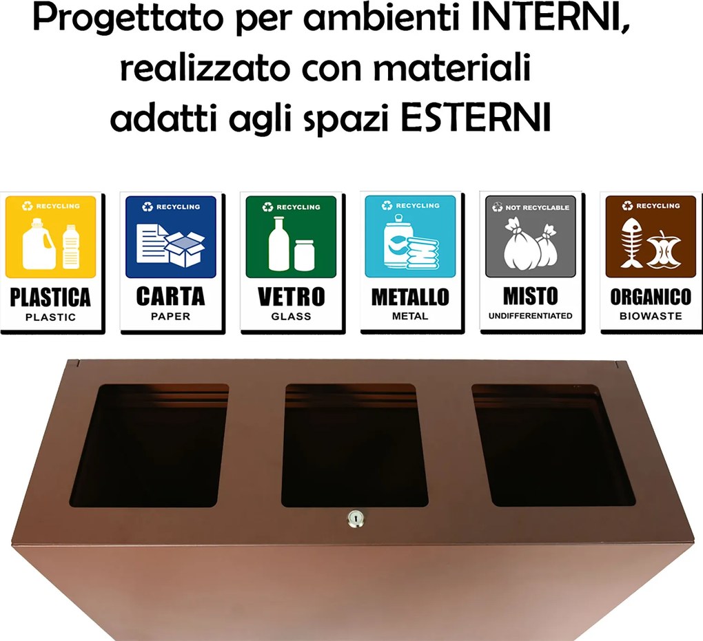 Pattumiera per Raccolta Differenziata 3 Scomparti Capacità 180 lt 90x30x80 cm in Acciaio Corten...