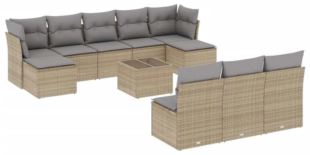 Set divani da giardino 11 pz con cuscini beige in polyrattan