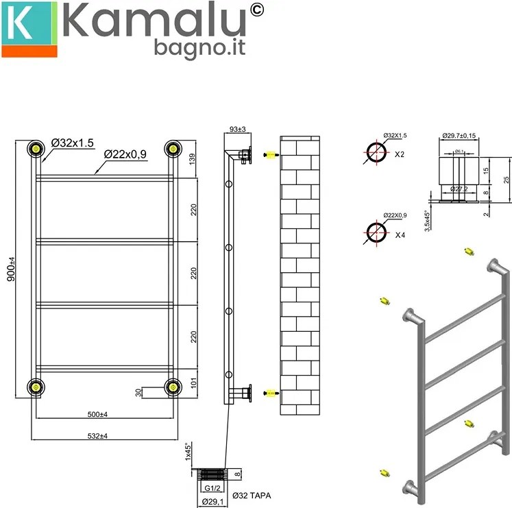 Termoarredo scaldasalviette 900x560mm nero opaco KAM-D6009N - KAMALU