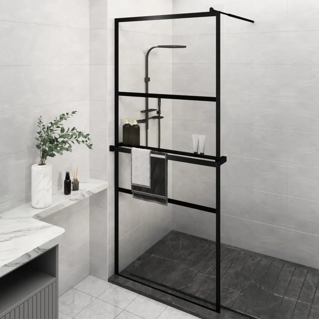 Parete Doccia Con Mensola Nera 100x195 Cm Vetro Esg E Alluminio /
