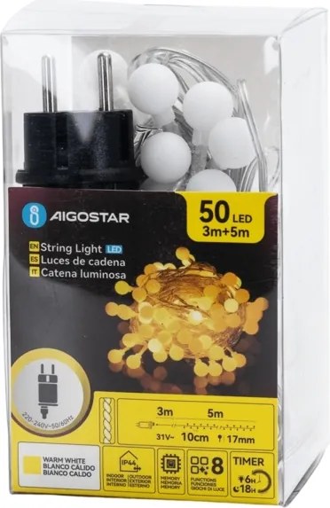 Aigostar - Catena luminosa decorativa LED per esterni 50xLED/3,6W/230V/8 funzioni 5m IP44 bianco caldo