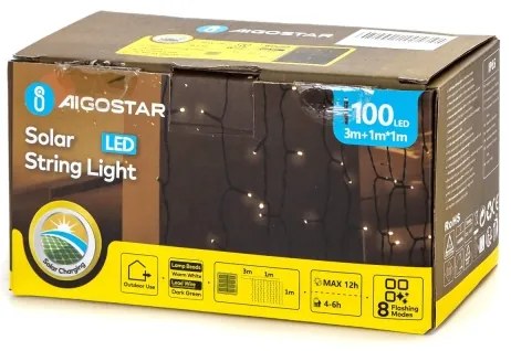 Aigostar - Catena di Natale solare a LED 100xLED/8 funzioni 4x1m IP65 bianco caldo