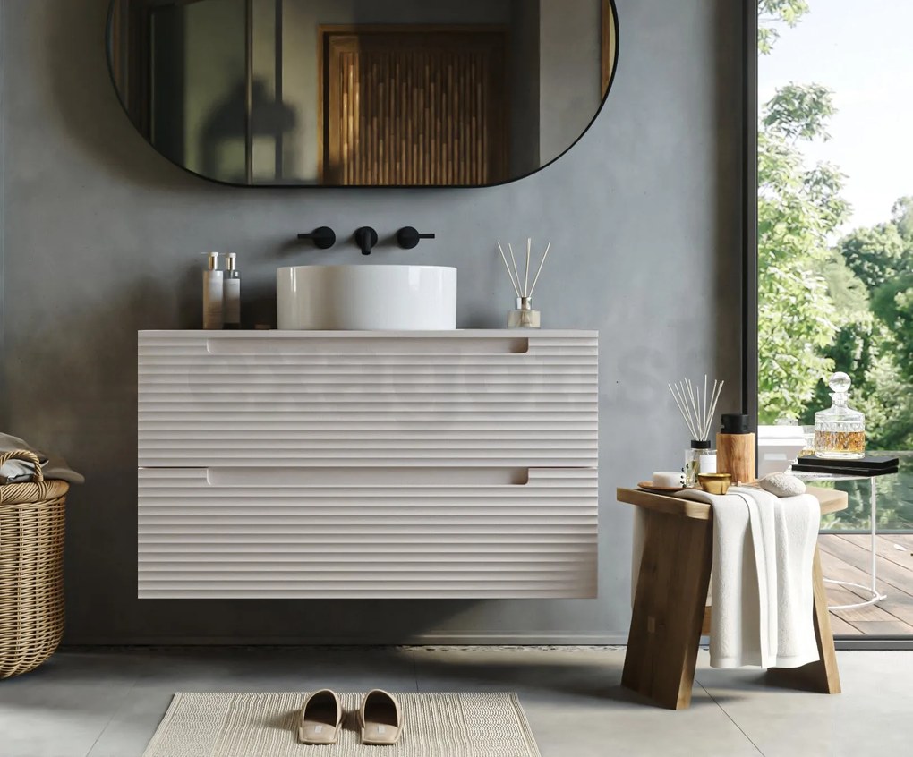 Mobile bagno canapa 100x45 Mango due cassetti soft close con lavabo tondo da appoggio in ceramica lucida