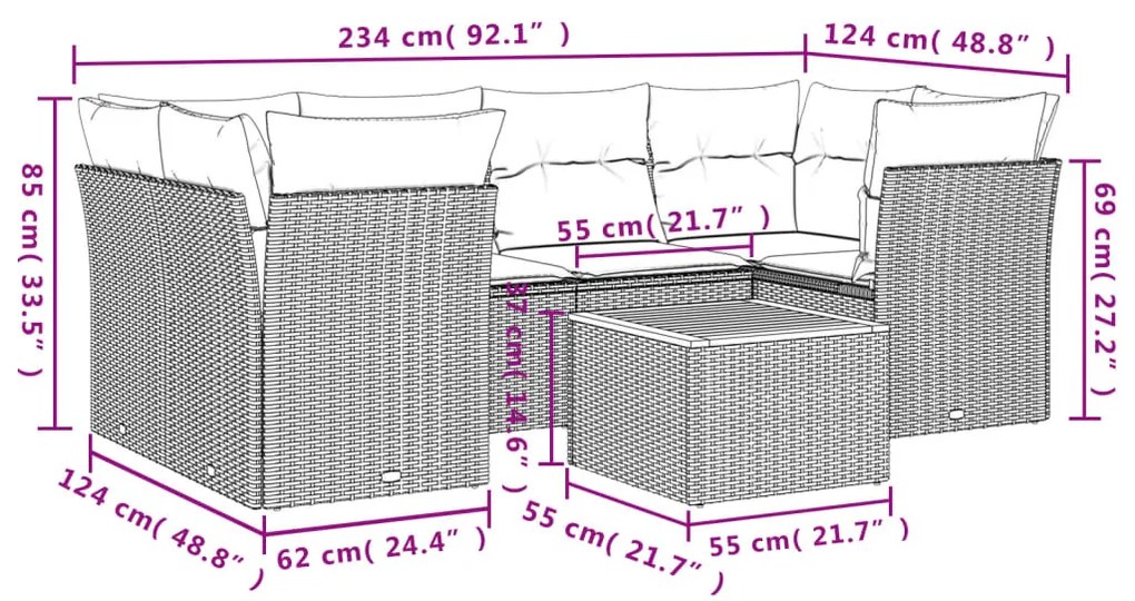 Set Divani da Giardino 7 pz con Cuscini Beige in Polyrattan