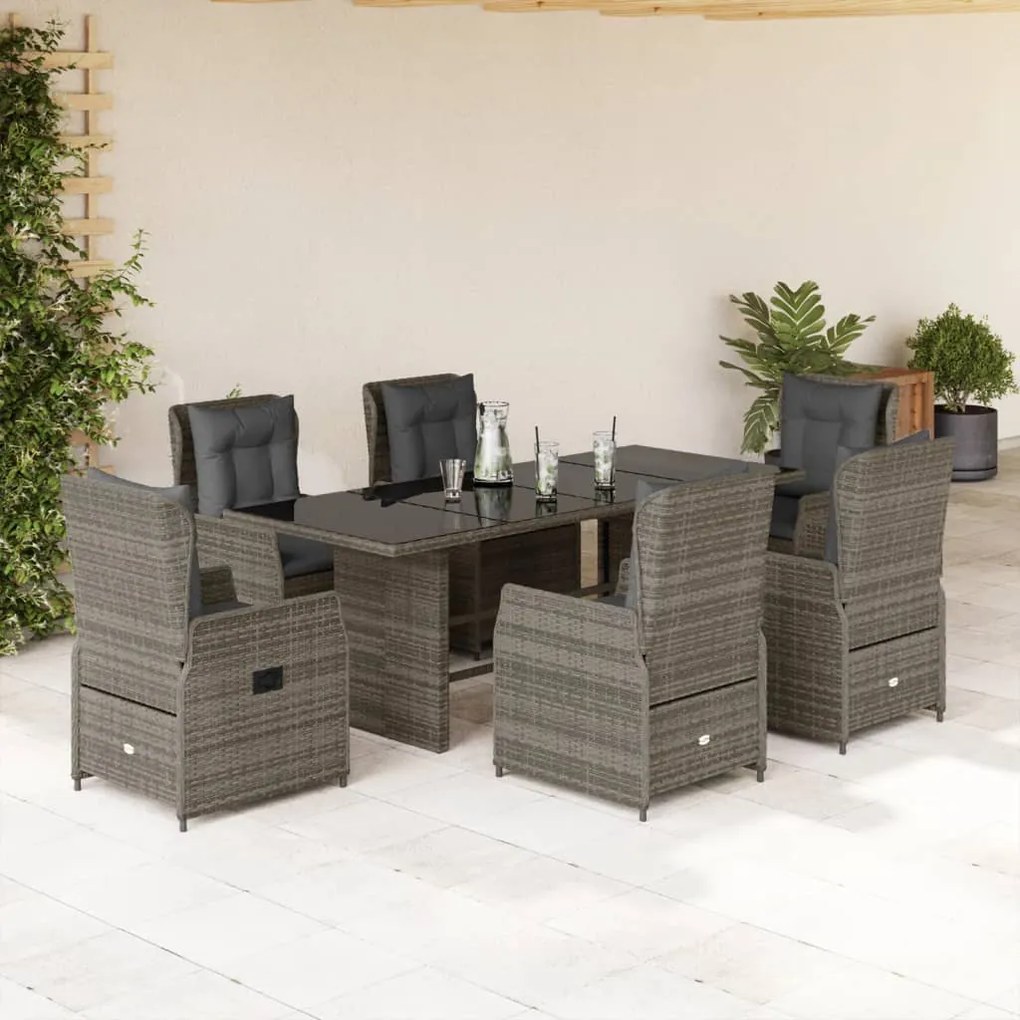 Set da pranzo da giardino 7 pz con cuscini in polyrattan grigio