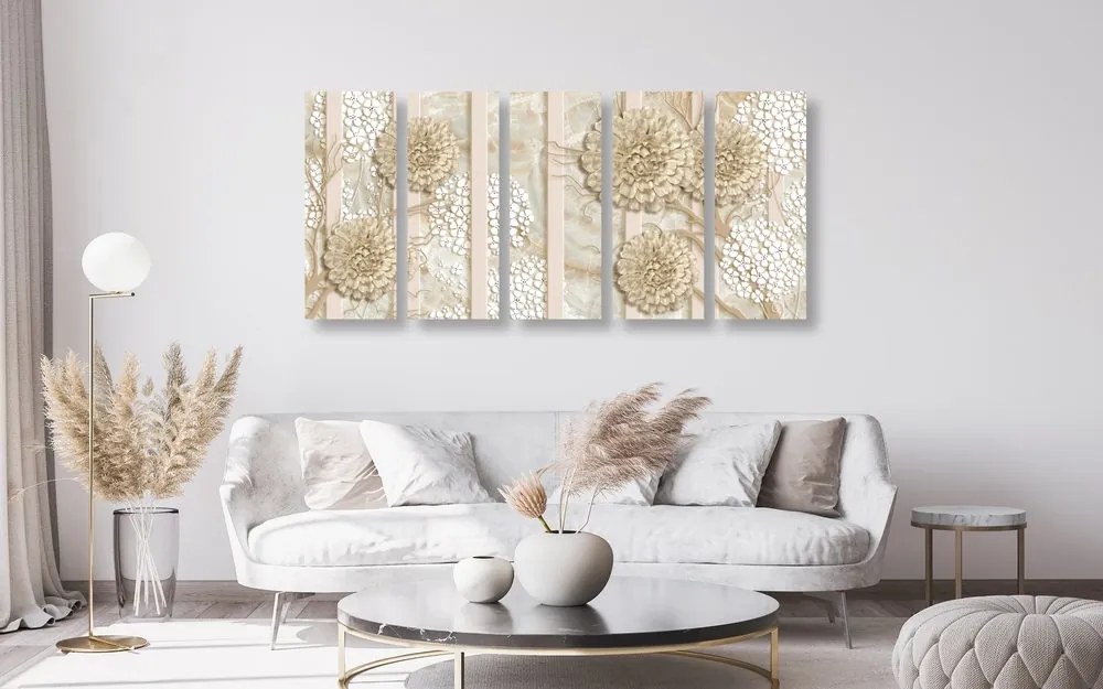 Quadri 5 pezzi – Fiori astratti su sfondo marmoreo