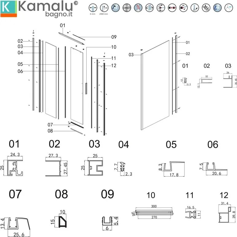 Kamalu - Cabina doccia 3 lati 90x140x90 scorrevole telaio cromato minimale | KLA-4000C