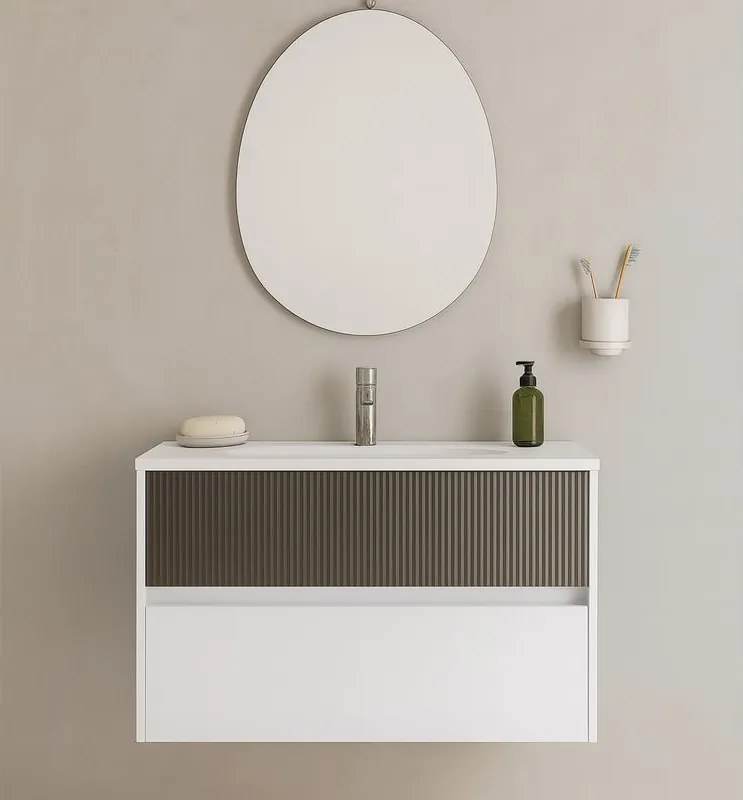 Mobile da bagno sospeso sotto lavabo Niwa 2 cassetti L 89.5 x H 50 x P 45.5 cm bianco e grigio cannettato