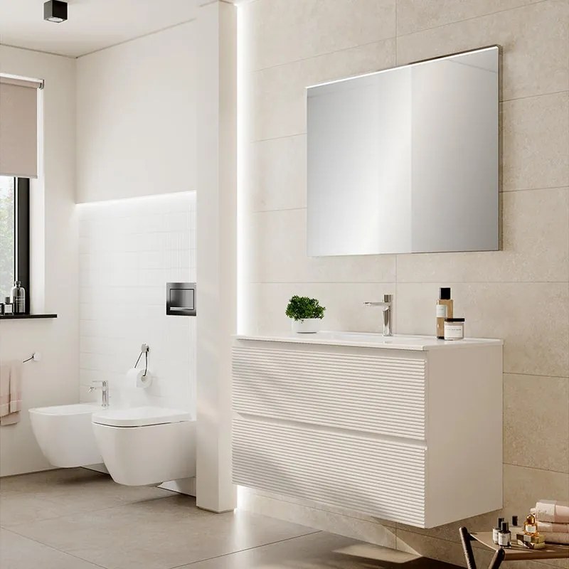 Mobile bagno con lavabo Step L100 x H60 x P46 cm, bianco opaco in mdf cannettato 2 cassetti per vasca centrale
