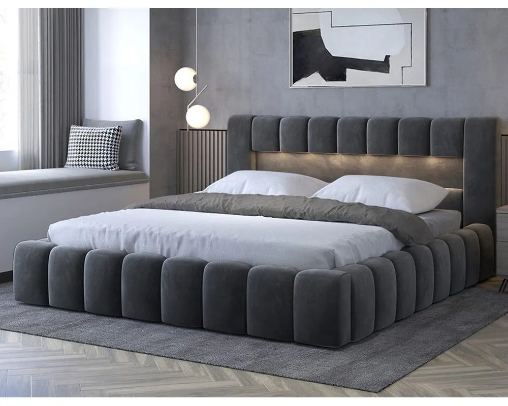 Letto matrimoniale imbottito grigio con contenitore con rete inclusa 160x200 cm Lamica – ELTAP
