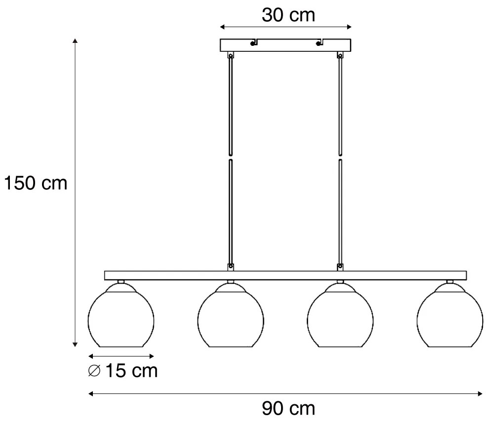 Lampada a sospensione moderna nera con legno e vetro fumé 4 luci - Aleks