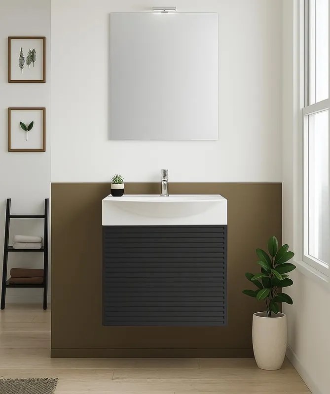 Mobile bagno con lavabo e specchio e illuminazione L 50 x H 58 x P 40 cm laccato opaco nero, 1 anta per vasca centrale Mini50s