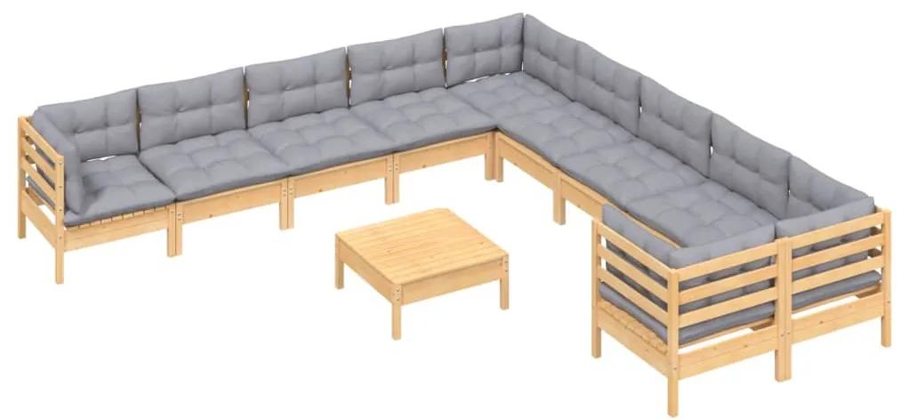 Set divani da giardino 11 pz con cuscini grigi massello di pino