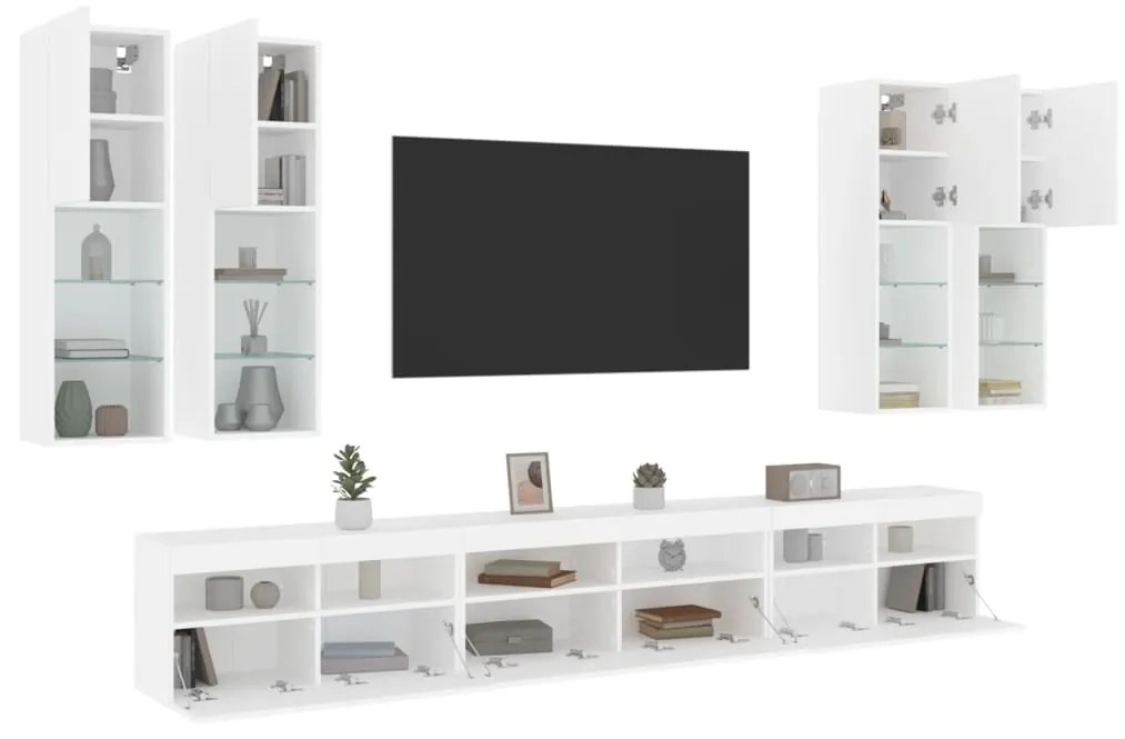 Set Mobili TV a Muro 7 pz con Luci LED Bianco